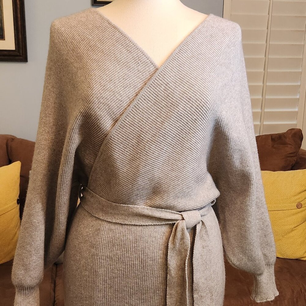 Hidden Treasures Wrap Sweater Dress Tan Large Plunge Neckline